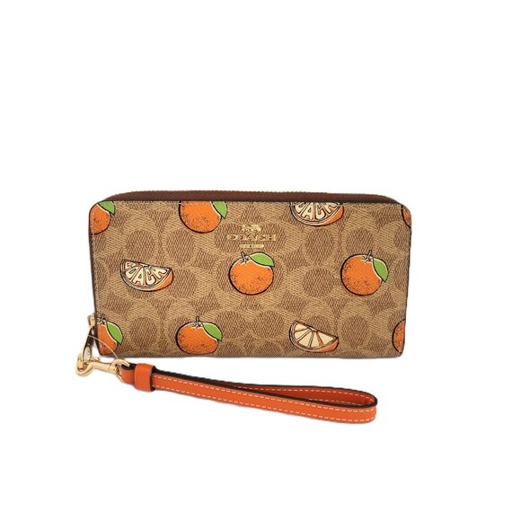 Coach CA092 Long Zip Around Wallet Signature Orange Print Tan Clutch Wristlet - Picture 1 of 6